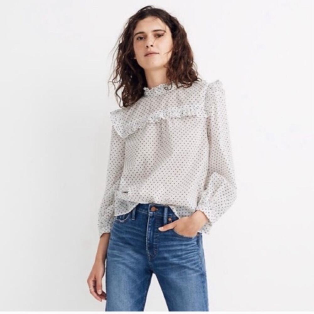 Madewell White Black Polka Dot Ruffle Trim Blouse Sz Small